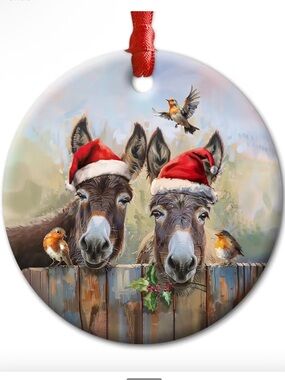 NEW IN BOX Festive Donkey Christmas Ceramic Double Sided Ornament with Box